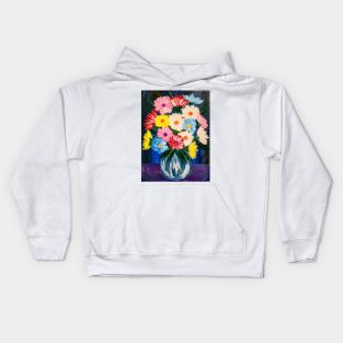 An elegant painting of an exquisite bouquet arranged in a crystal clear glass vase Kids Hoodie